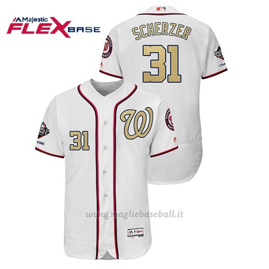 Maglia Baseball Uomo Washington Nationals 31 Max Scherzer 2019 Gold Program Flex Base Bianco